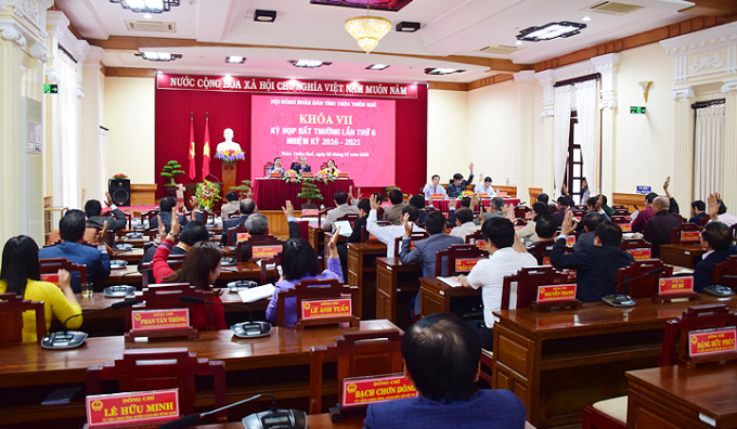 Đại biểu HĐND tỉnh Thừa Thiên Huế biểu quyết thông qua Nghị quyết tại kỳ họp.