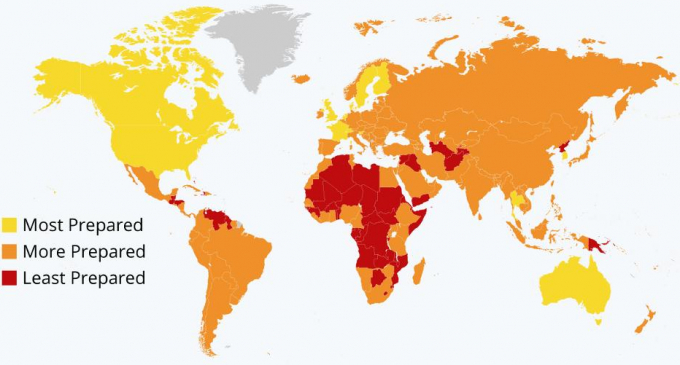 Màu vàng: Các nước chuẩn bị đối phó dịch bệnh tốt nhất. Màu cam: Các nước chuẩn bị trung bình và màu đỏ là những nước dễ bị tổn thương nhất vì dịch bệnh.