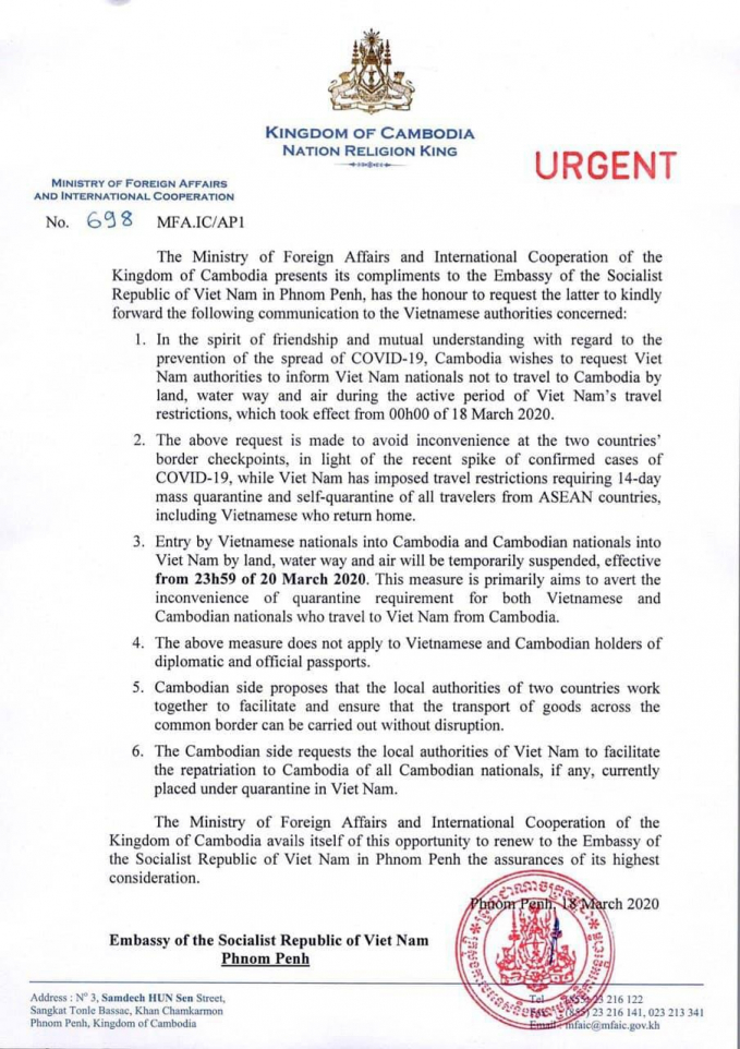 Bộ Ngoại giao và Hợp tác Quốc tế Campuchia vào 19/3 gửi công hàm thông báo cho Đại sứ quán Việt Nam tại Phnom Penh về việc Campuchia tạm dừng nhập cảnh người Việt vì dịch Covid-19.