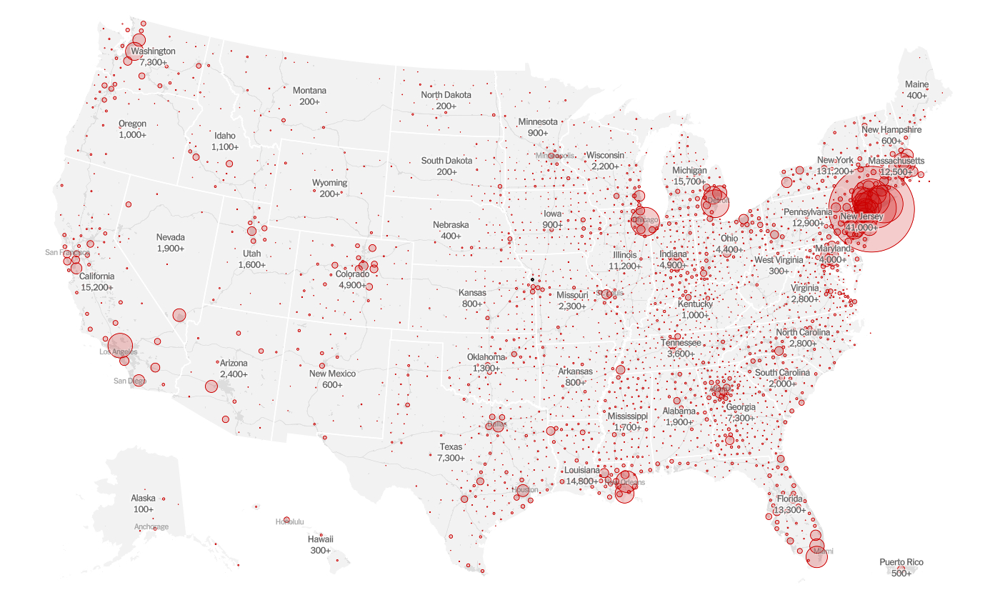 Bản đồ số ca nhiễm Covid-19 ở Mỹ. Ảnh: New York Times.