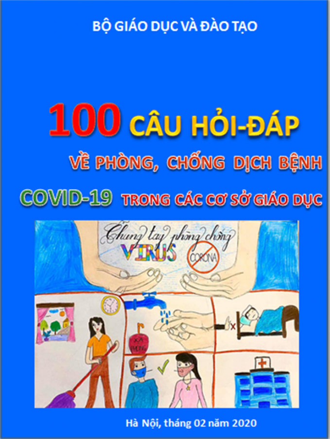 Trang bìa tài liệu “100 câu hỏi - đáp về phòng, chống dịch bệnh Covid-19 trong các cơ sở giáo dục”
