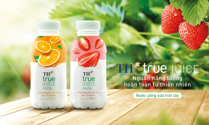 Bao bì trẻ trung, bắt mắt của sản phẩm Nước uống sữa trái cây TH true JUICE milk với hai hương vị: Dâu tự nhiên (vừa ra mắt đầu tháng 3/2020) và Cam tự nhiên (ra mắt trong tháng 4).