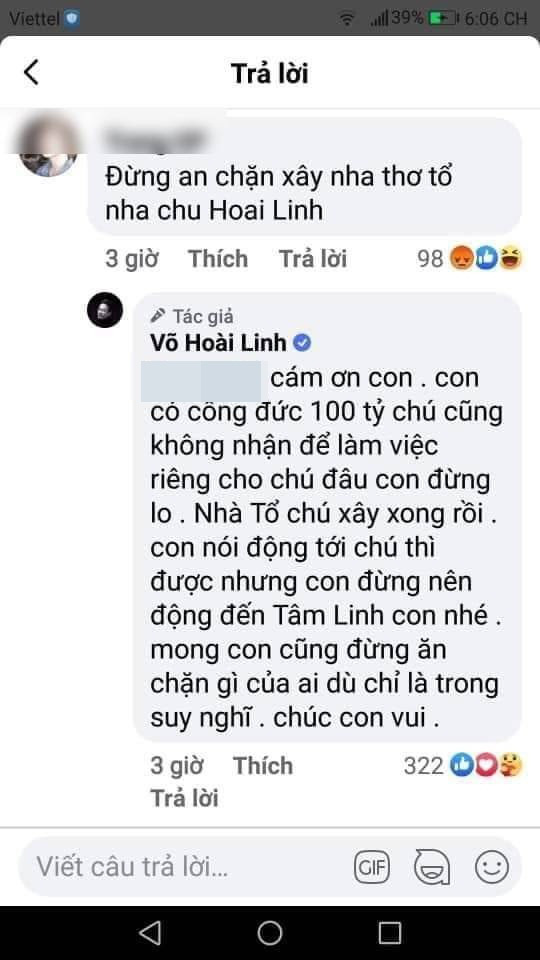  Hoài Linh đáp trả khi một dân mạng nhắc nhở kém duyên - Ảnh: FB