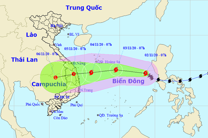 Hướng di chuyển của bão Goni lúc 10h ngày 2/11. Ảnh: NCHMF.