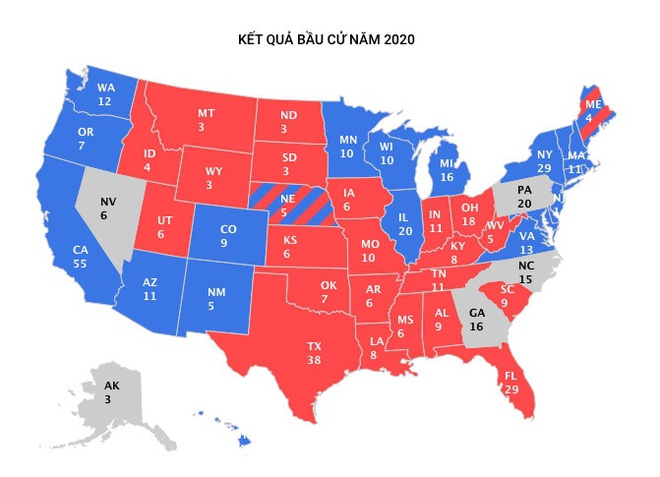 Tổng thống Trump cần thắng cả 4 bang nặng ký Pennsylvania (PA), North Carolina (NC), Georgia (GA) và Nevada (NV) mới đủ cán mốc 270 phiếu đại cử tri. Đồ họa: Zing.