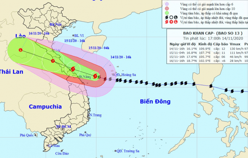 Tin bão mới nhất cơn bão số 13 tối 14/11: Các tỉnh Thừa Thiên Huế, Đà Nẵng đã có gió giật cấp 9