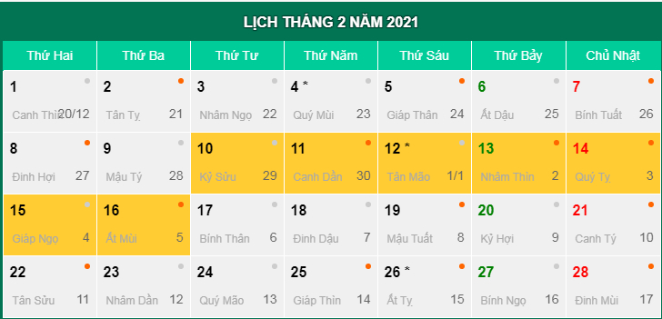 Lịch nghỉ Tết 2021 chính thức: 7 ngày (những ngày được tô màu vàng)