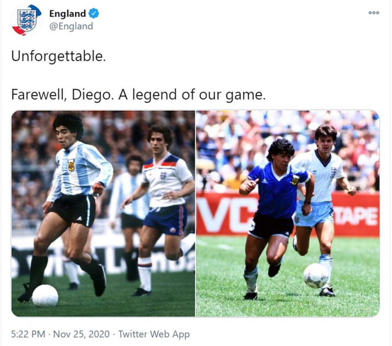 Tài khoản chính thức của Liên đoàn Bóng đá Anh chia sẻ khi Maradona qua đời: Không thể nào quên. Chào nhé, diego. Một huyền thoại của thế giới bóng đá.