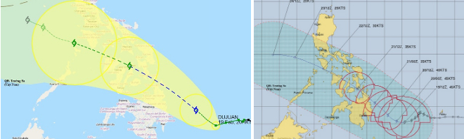 Cơ quan dự báo Hong Kong (trái) và Cơ quan dự báo Hải quân Mỹ (phải) đưa ra hai kịch bản khác nhau cho hướng đi vào cường độ của bão Dujuan sắp đổ bộ Philippines. Ảnh: HKO và NRL.