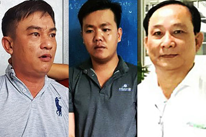 Ông Nguyễn Văn Ngưu - Giám đốc Bệnh viện đa khoa khu vực Cai Lậy (ngoài cùng bên phải) và 2 đối tượng bị bắt vì liên quan vụ án giết người.