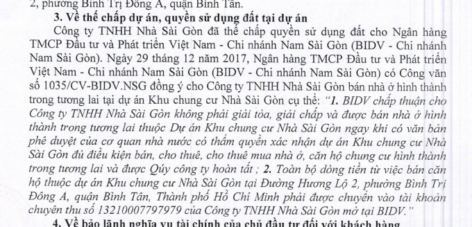 Sở Xây dựng TP.HCM vừa có văn bản thông báo, Công ty TNHH Nhà Sài Gòn đã thế chấp quyền sử dụng đất cho Ngân hàng TMCP Đầu tư và Phát triển Việt Nam – Chi nhánh Nam Sài Gòn (BIDV).
