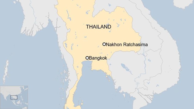 Vụ xả súng xảy ra tại thành phố Nakhon Ratchasima, cách Bangkok 250 km về phía đông bắc. Bản đồ: BBC.