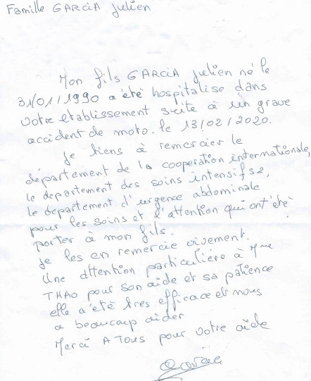 Bức thư của gia đình người bệnh cảm ơn các y, bác sĩ Bệnh viện Việt Đức.