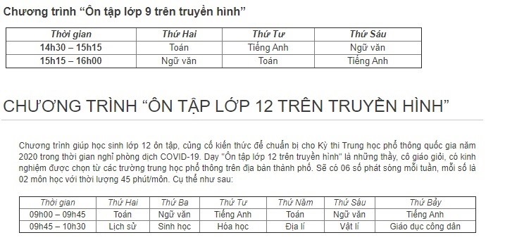Lịch phát sóng học trên truyền hình cho học sinh lớp 9&12 tại Đà Nẵng.