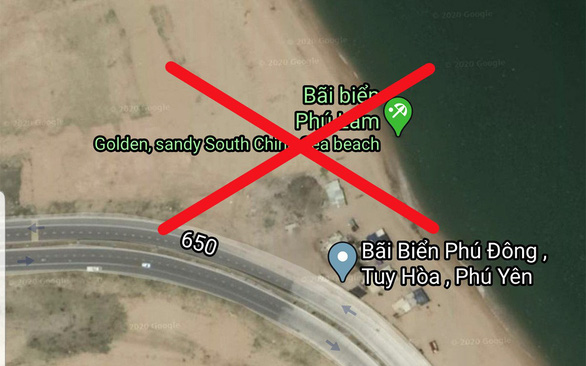 Dòng chú thích sai trên Google Maps về bãi biển ở TP Tuy Hòa (Phú Yên) - Ảnh chụp lại lúc 15h07 ngày 18/4.
