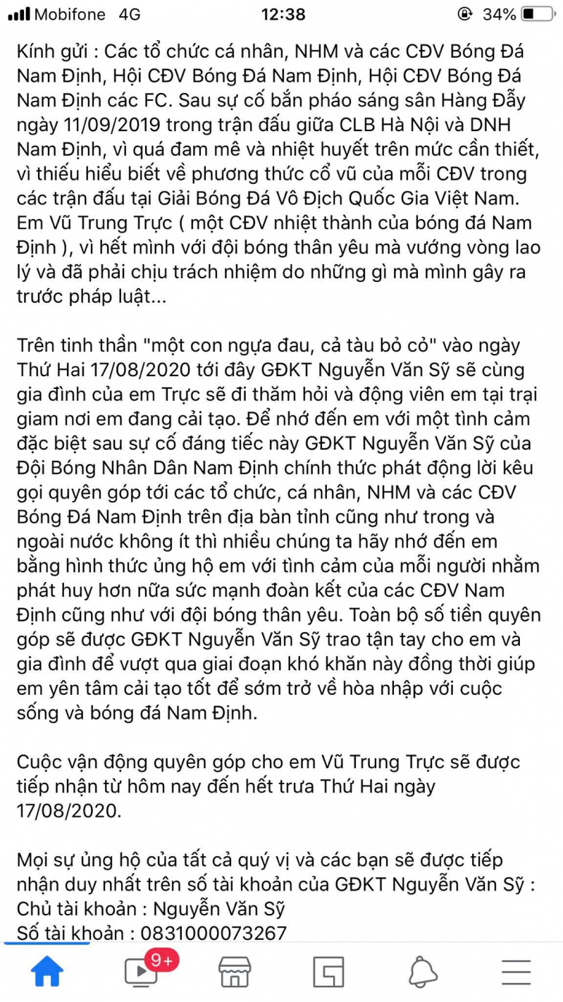 Bài đăng trên fanpage CLB Nam Định.