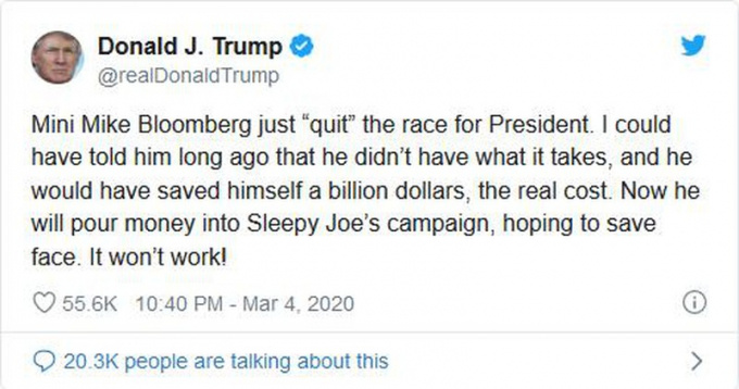 Dòng tweet của ông Trump sau khi nghe tin tỷ phú Bloomberg ngừng tranh cử.