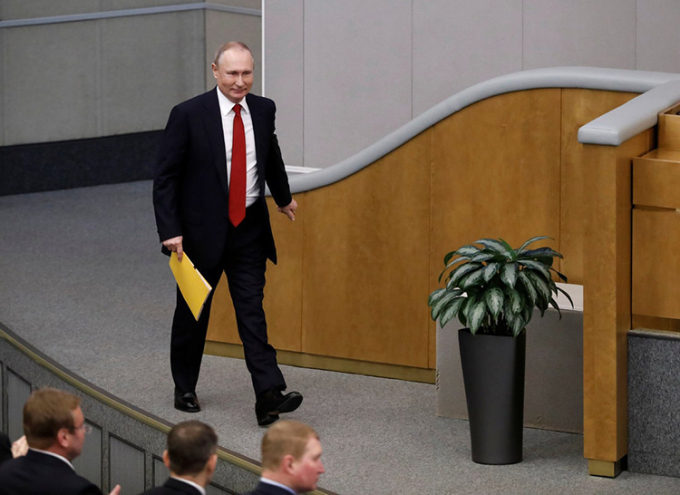 Tổng thống Putin tại Hạ viện Nga ở Moscow hôm 10/3. Ảnh: AP