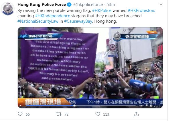 Dòng tweet thứ hai liên quan đến việc thực thi Luật an ninh quốc gia ở Hong Kong