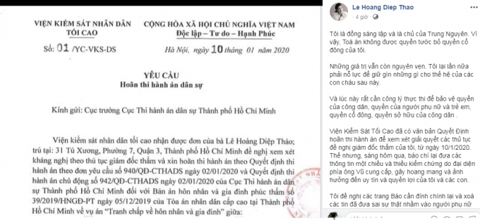Trên Facebook tài khoản Le Hoang Diep Thao (được cho của bà Lê Hoàng Diệp Thảo) đăng tải nội dung khẳng định bà Thảo vẫn nắm quyền tại Trung Nguyên.