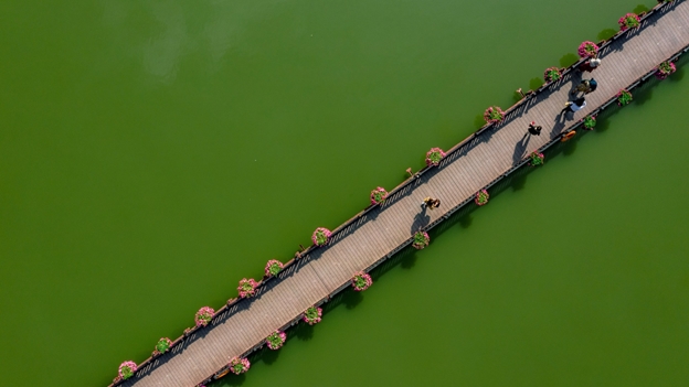 Cầu đi bộ vắt ngang hồ Thiên Nga