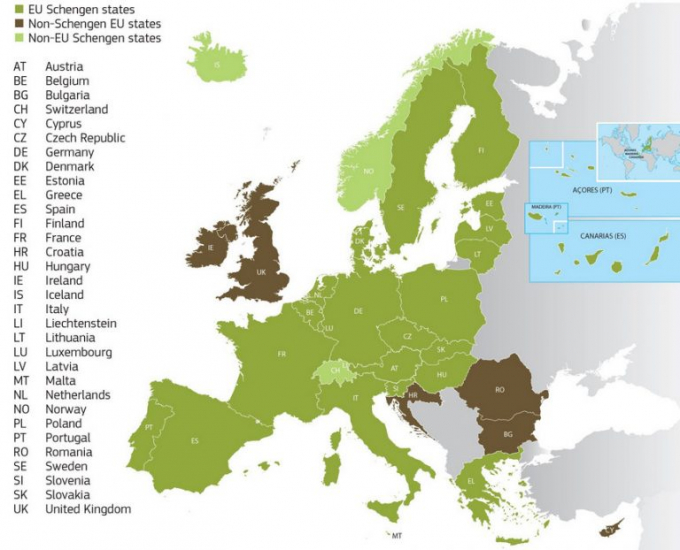 Tính đến năm 2019, đã có 26 quốc gia tham gia khối Schengen, tất cả các quốc gia đều nằm ở châu Âu.