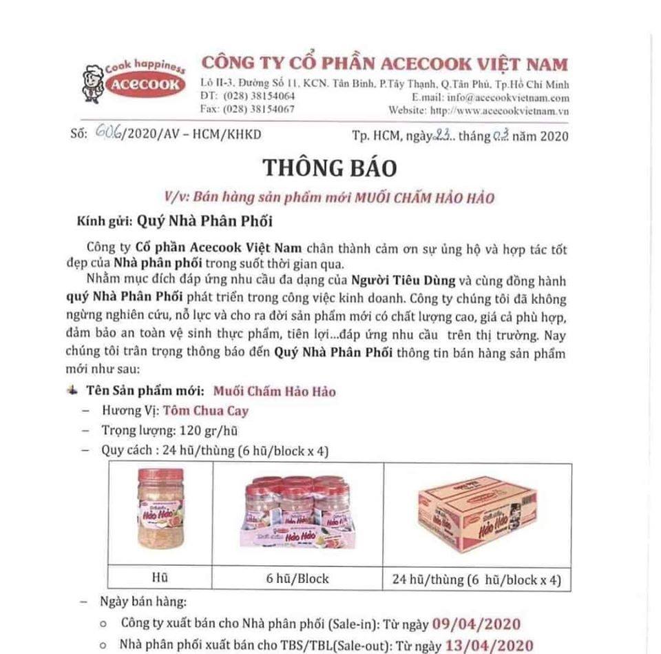 Công ty cổ phần Acecook Việt Nam vừa thông báo về việc bán sản phẩm Muối chấm Hảo Hảo