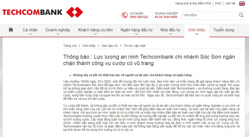 Thông tin trên website của ngân hàng Techcombank