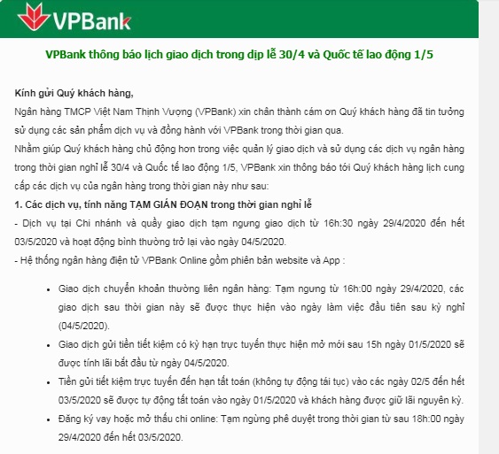 Ngân hàng TMCP Việt Nam Thịnh Vượng (ngân hàng VPBank) vừa gửi đến khách hàng và đối tác về lịch nghỉ lễ 30/4 và 1/5 năm 2020.