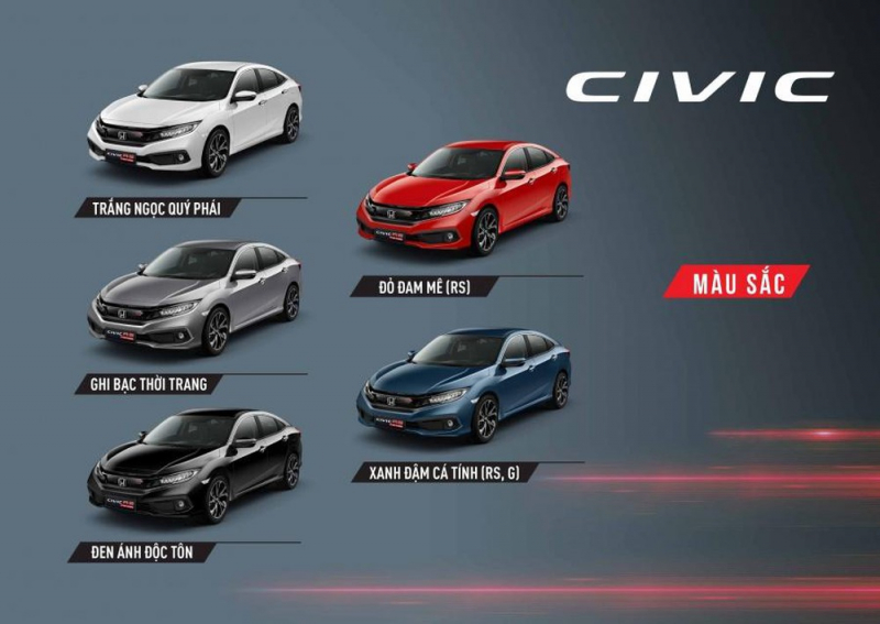 Honda Civic 2020 có 3 phiên bản là Civic 1.5RS, 1.5G và 1.8E đều là sedan và được nhập khẩu nguyên chiếc từ Thái Lan. Honda Civic 2020 có 5 màu: Đỏ đam mê (RS), Ghi bạc, Xanh đậm, Đen, Trắng ngọc trai.