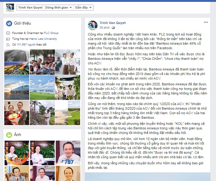 Tối ngày 7/5, tài khoản Facebook mang tên Trinh Van Quyet được cho của Chủ tịch Tập đoàn FLC đã có chia sẻ về thông tin không đúng liên quan Bamboo Airways.