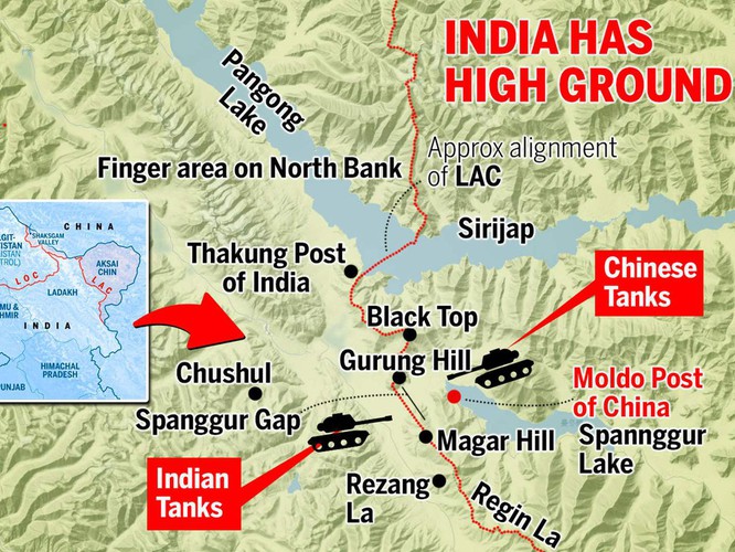 Tình thế đối đầu hiện nay ở phía Nam Hồ Pangong Tso. Hai bên đã triển khai xe tăng nằm trong tầm pháo của nhau (Ảnh: The Times of India).