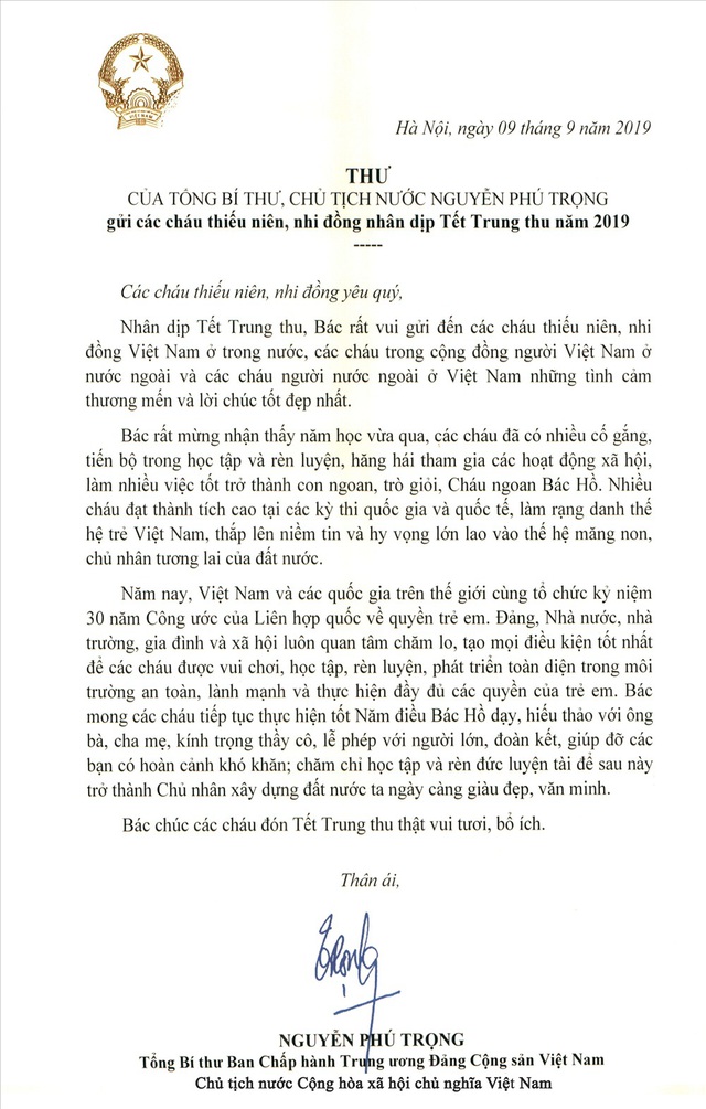 Toàn văn thư chúc Tết Trung thu năm 2020 của Tổng Bí thư, Chủ tịch nước Nguyễn Phú Trọng
