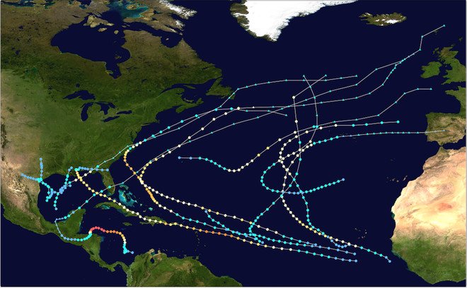 Bản đồ mô tả quỹ đạo và cường độ của Mitch theo thang gió bão Saffir–Simpson. (Ảnh: Wikipedia.)