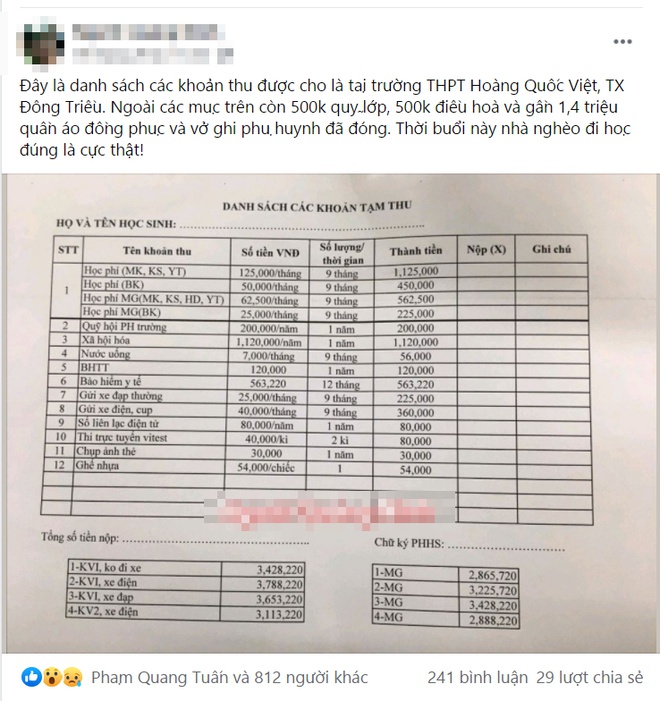 Hình ảnh 12 khoản thu được cho là của trường THPT Hoàng Quốc Việt xuất hiện trên mạng xã hội. Ảnh: Chụp màn hình.