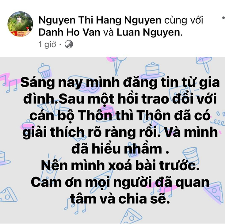 Thông tin đính chính trên tài khoản Facebook “Nguyen Thi Hang Nguyen” chiều ngày 29/10/2020