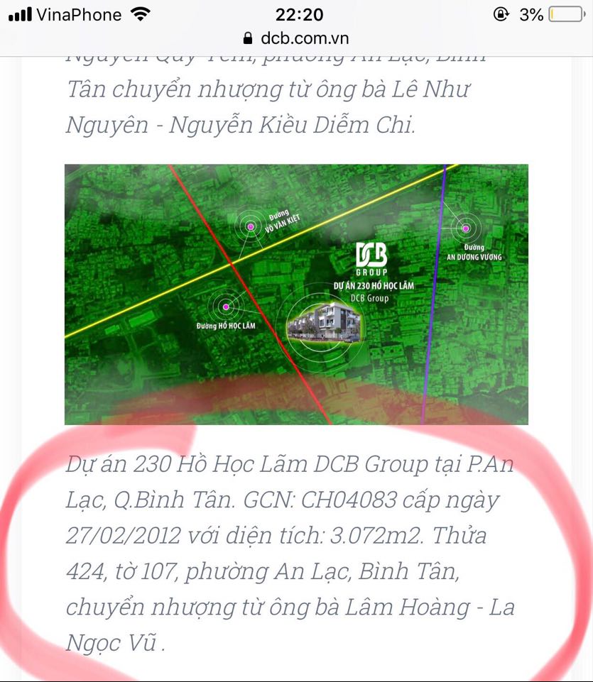  Website công ty DCB vẫn “tự nhận” khu 230 Hồ Học Lãm dù chưa bao giờ là chủ đất.