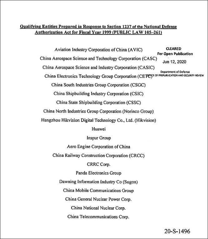 Danh sách 20 công ty liên quan đến PLA bị Lầu Năm Góc trừng phạt theo Luật Ủy quyền Quốc phòng năm 1999 (Ảnh: Guancha).