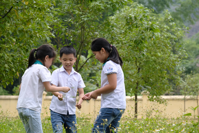 Các em học sinh đến tham quan và vui chơi bên những cây xanh do “Quỹ 1 triệu cây xanh cho Việt Nam” trồng tặng tại khu di tích lịch sử Nà Tu, Bắc Kạn