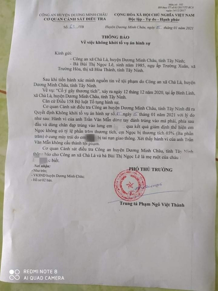 Quyết định không khởi tố vụ án của Cơ quan CSĐT Công an huyện Dương Minh Châu.