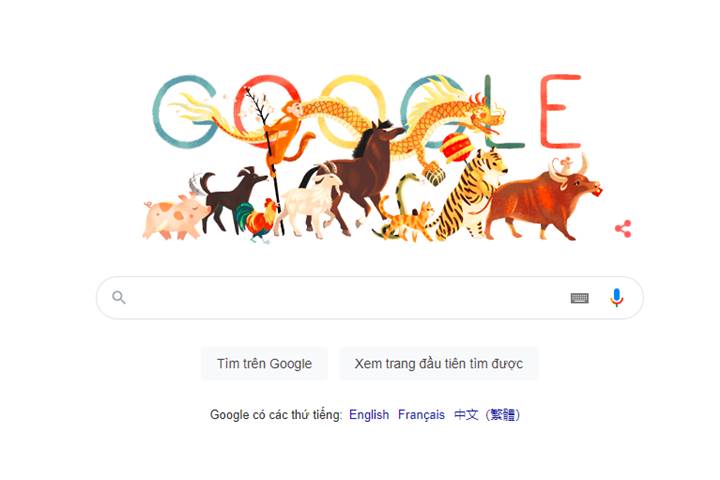 Google doodle năm nay lấy hình ảnh của 12 con giáp đang nắm lấy bánh chưng, cành đào dắt nhau đi chào đón năm mới Tân Sửu 2021.
