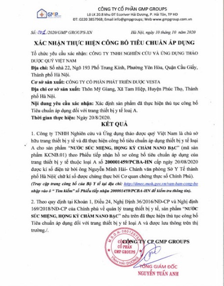 Kỳ Chàm Nano Bạc đã được Ngành Y Tế cấp phép lưu hành theo Số: 200001459/PCBA-HN ngày 20/8/2020.