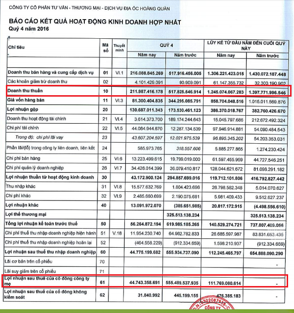 Địa ốc Hoàng Quân: Lãi ròng quý IV/2016 giảm gấp 12 lần ảnh 1