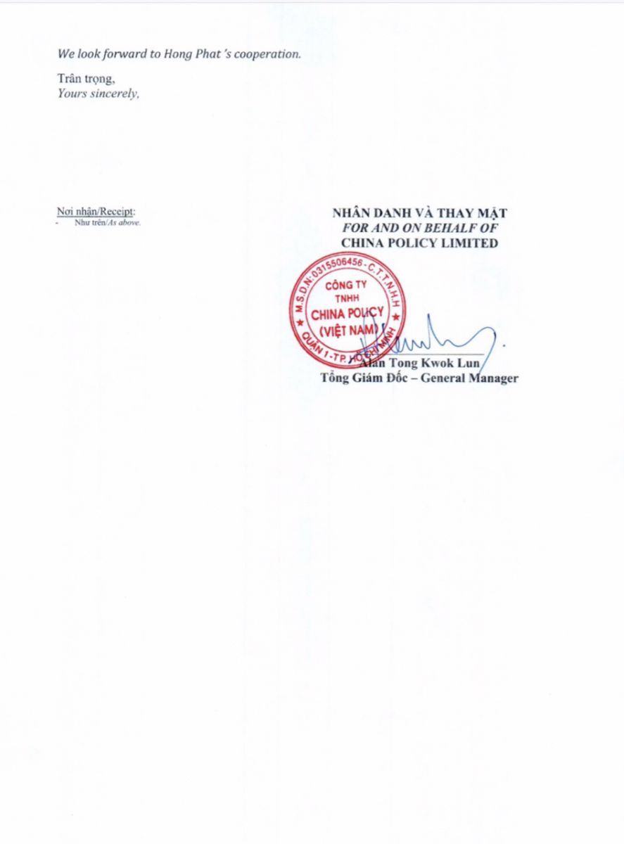 Trang cuối - Văn bản đề ngày 26/2/2019 của CPL gửi Công ty Hồng Phát nhưng đóng dấu Công ty TNHH CHINA POLICY (VIỆT NAM)