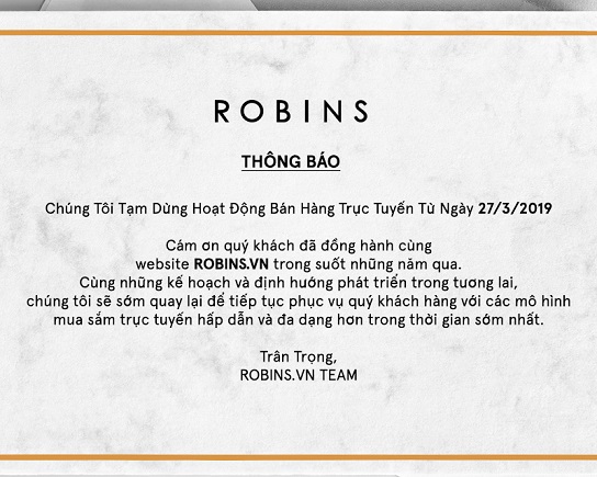 Thông báo ngừng hoạt động của Robins.vn. Nguồn: Robins.    