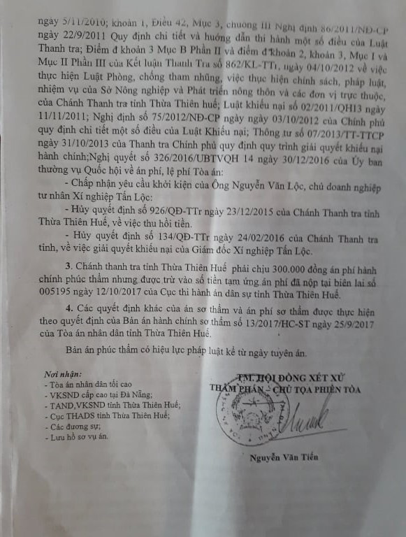 TAND Cấp cao tại Đà Nẵng đã bác đơn kháng cáo của Chánh Thanh tra tỉnh Thừa Thiên - Huế, giữ nguyên quyết định của bản án hành chính sơ thẩm 13/2017/HC-ST ngày 25/9/2017 của TAND tỉnh Thừa Thiên - Huế.
