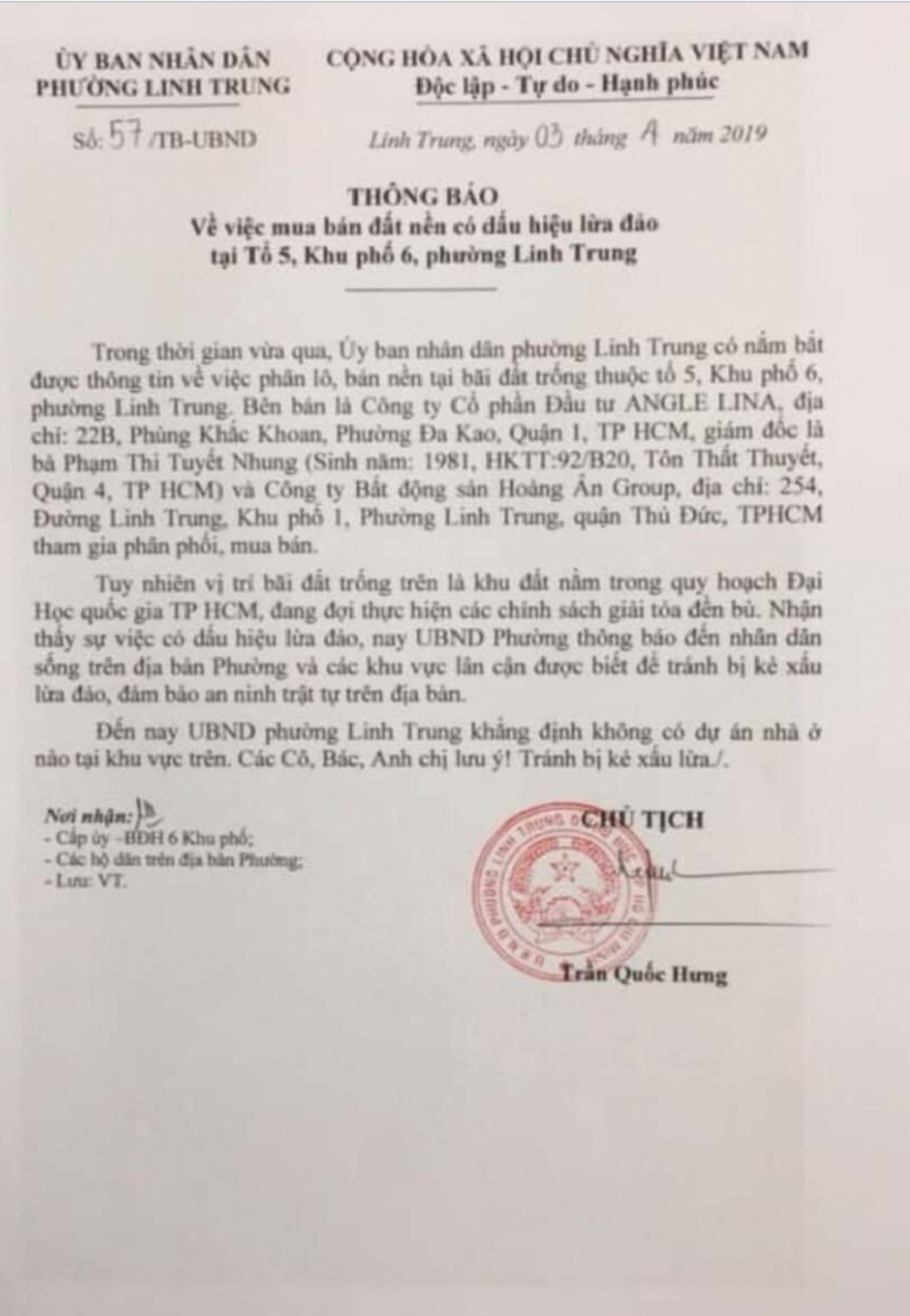 Văn bản thông báo của UBND phường Linh Trung, Quận Thủ Đức cảnh báo người dân tránh bị lừa đảo.