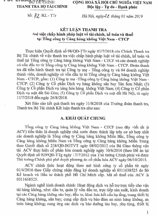 Kết luận thanh tra của Bộ Tài chính về việc chấp hành pháp luật về tài chính, kế toán và thuế tại Tổng công ty Cảng hàng không Việt Nam (ACV).