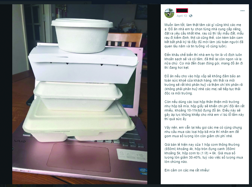 Người tiêu dùng hào hứng kêu gọi trên fecebook cùng nhau mua hộp đựng thực phẩm làm từ bã mía về sử dụng.