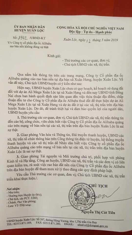 Văn bản cảnh báo của UBND huyện Xuân Lộc  